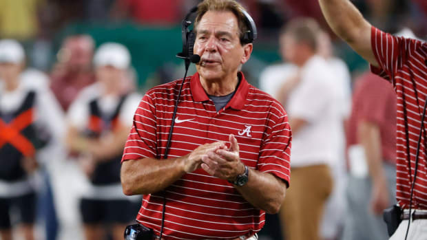 September 16, 2023, Tampa, Florida, USA: Alabama head coach Nick Saban celebrates after quarterback Ty Simpson (15) scores a touchdown against the USF Bulls during the fourth quarter at Raymond James Stadium in Tampa on Saturday, Sept. 16, 2023. Tampa USA - ZUMAs70_ 0304327782st Copyright: xJeffereexWoox  